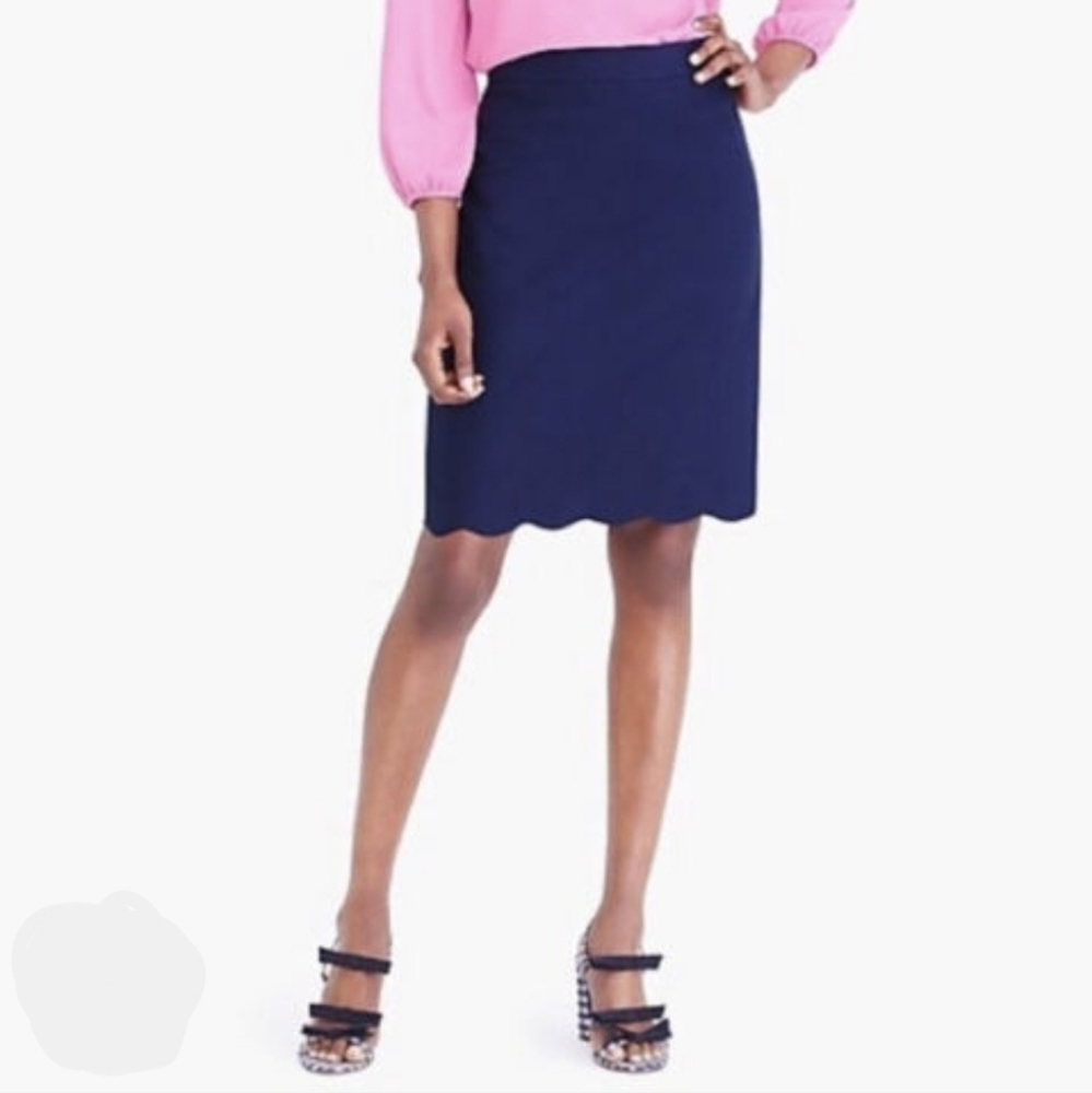 NWT J.Crew Cotton Navy Pencil Skirt with Scalloped Hem Sz 2